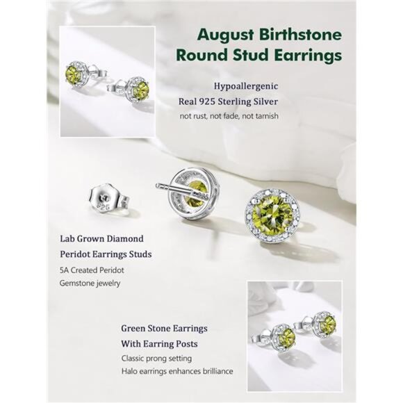 Peridot Earrings Round Cut Women | 925 Sterling Silver | August Birthstone - Picture 5 of 7